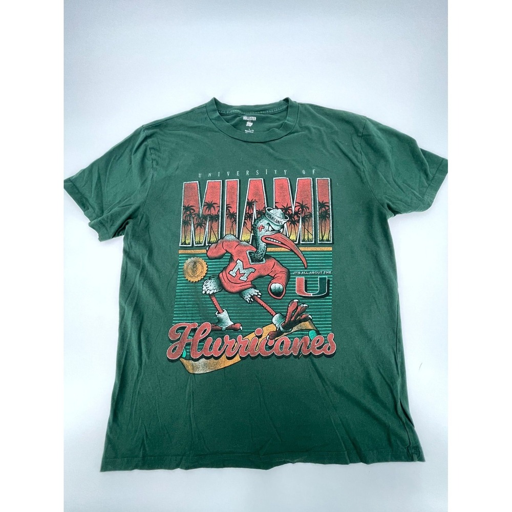 Hollister Blue 84 University of Miami Hurricanes T-Shirt Men L Green Cotton NCAA